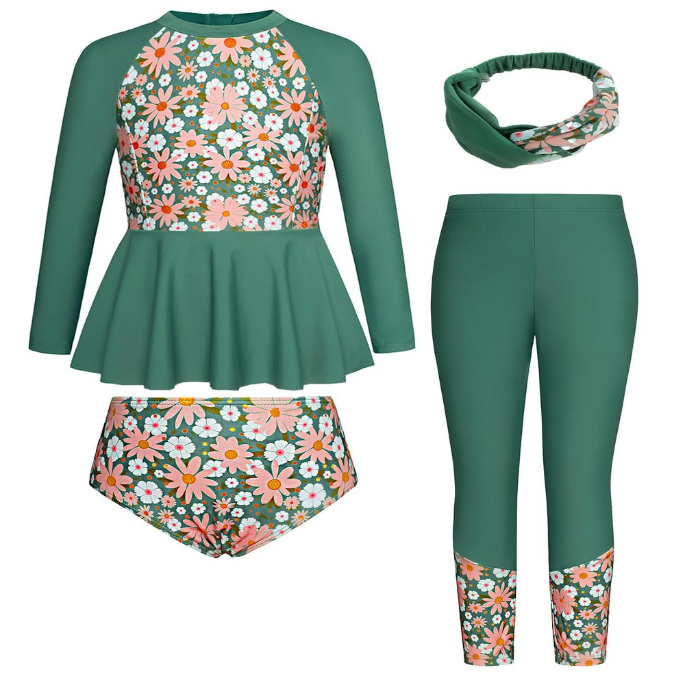 Girls Swimsuits Size 7 Green Daisy Tree Bathing Suit Sun Protect Rash Guard Sets