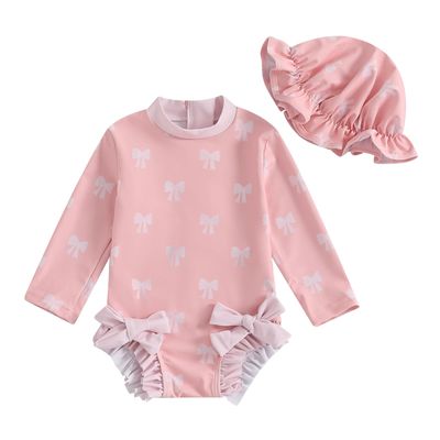 Baby Girl Swimsuit Baby Girls Long Sleeve One Piece Swimsuit Romper with Hat Bathing Suit Toddler Bathing Suit (a-Pink, 3-6 Months)
