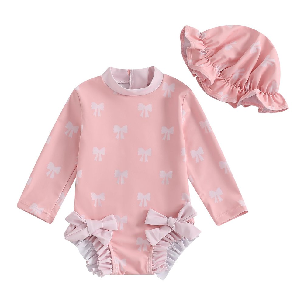 Baby Girl Swimsuit Baby Girls Long Sleeve One Piece Swimsuit Romper with Hat Bathing Suit Toddler Bathing Suit (a-Pink, 3-6 Months)