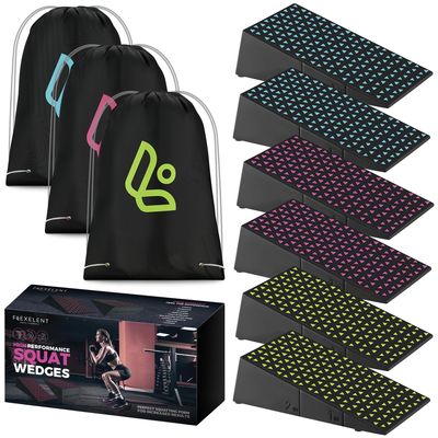 Flexelent Squat Wedge Block Pair, Squat Ramp, Calf Raise Block, Anti-Slip Slant Board, ATG Equipment to Boost Workout, 17 Incline, 3.5x5.9x12.2, Backpack Included, Trendy Trio(Light Blue, Pink, Lime)