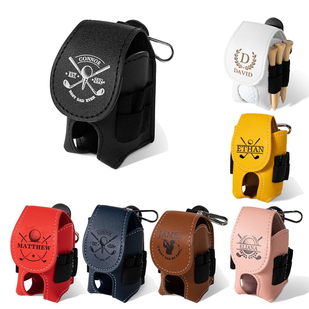 BYFDIY Custom Name Golf Ball Holder with Clip Leather Personalized Monogram Golf Tee Holder for Golf Bag Waist Golf Ball Tee Pouch Bag Gifts for Golfers Men Women