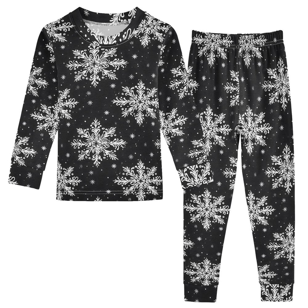 ALAZA White Snowflake Black Merry Christmas 2 Piece Pajama Set Long Sleeve Top and Pants Sleepwear Unisex 24M