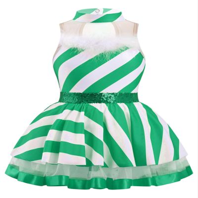 YONGHS Christmas Girls Candy Cane Dress Kids Striped Sequins Lyrical Ballet Leotard Dance Tutu Dress Green 4 Years