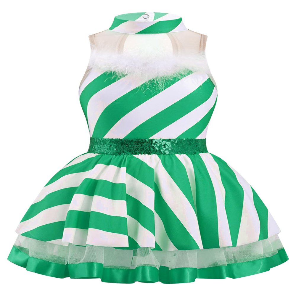 YONGHS Christmas Girls Candy Cane Dress Kids Striped Sequins Lyrical Ballet Leotard Dance Tutu Dress Green 4 Years