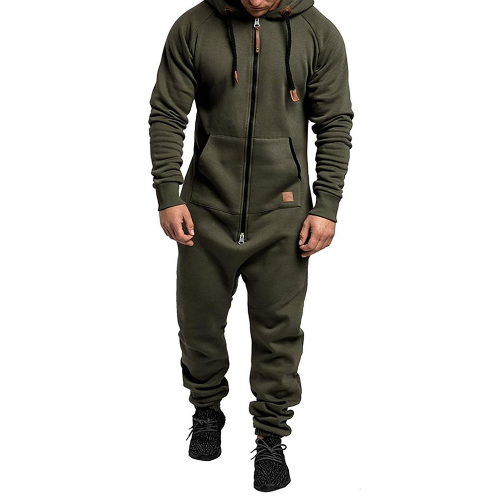 Hulpvktsgiq Men's Hooded Jumpsuit Zip Up One Piece Pajamas Fleece Playsuit Jogger Sweatsuit Overall Jogging Romper Tracksuit (Army Green c, S)