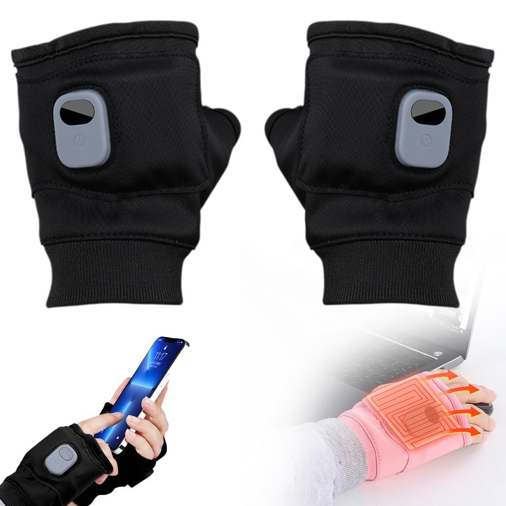 Heated Gloves for Women, Upgraded Smart Thermostatic Electric Heated Fingerless Gloves Rechargeable, Winter Hand Warmer for Work Cycling Skiing Outdoor Snow (Black, one Size)