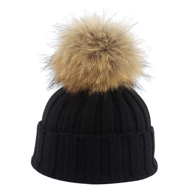 Ayuduots Big Pompom Beanie Hat for Kids, Warm Knitted Winter Hats for Girls Boys, Faux Fur Pom Pom Skull Cap - Black