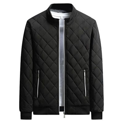 QOAAIE Men's Fleece Lined Quilted Jackets Winter Parka Stand Collar Padded Jackets Casual Windproof Bomber Coat (Black,Large)