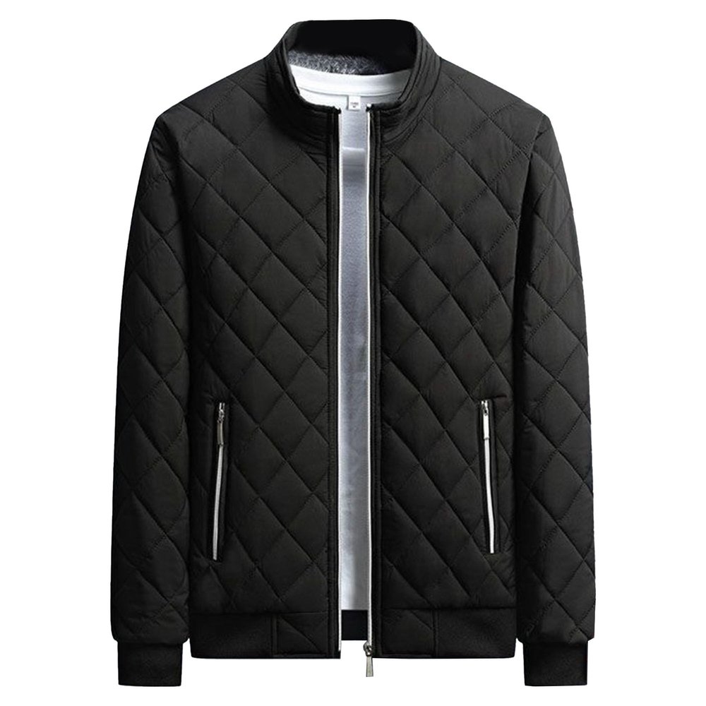 QOAAIE Men's Fleece Lined Quilted Jackets Winter Parka Stand Collar Padded Jackets Casual Windproof Bomber Coat (Black,Large)