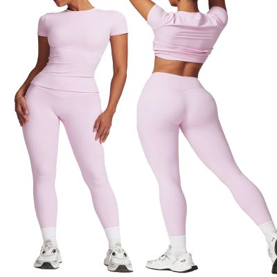 yoga sets for women 2 piece Seamless Workout Sets for Women High Waist Removing chest pad workout sets (pink, S)