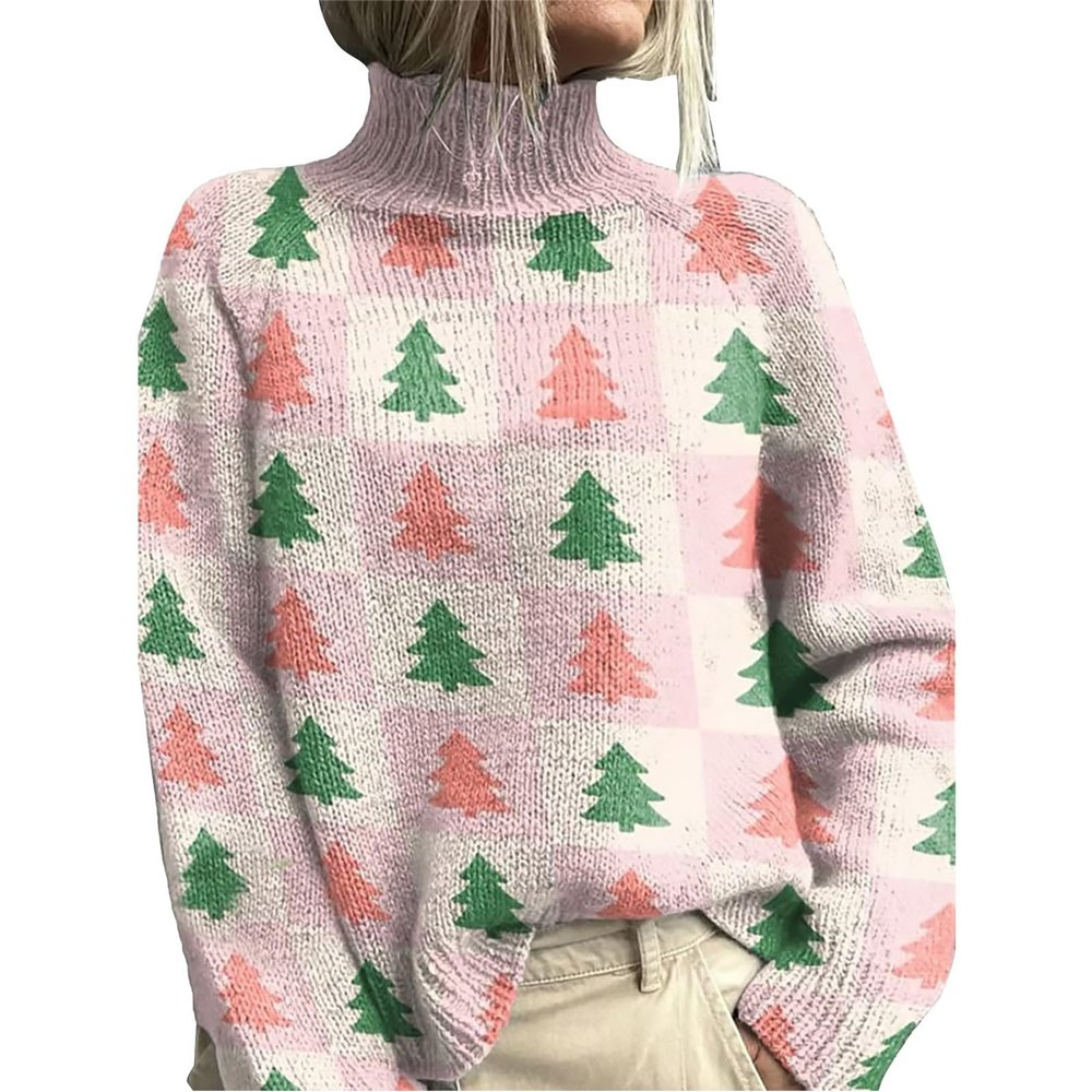 Christmas Sweater for Women Turtleneck Tree Elk Printed Long Sleeve Tops Lightweight Warm Casual Sweatshirt Plus Size C-White