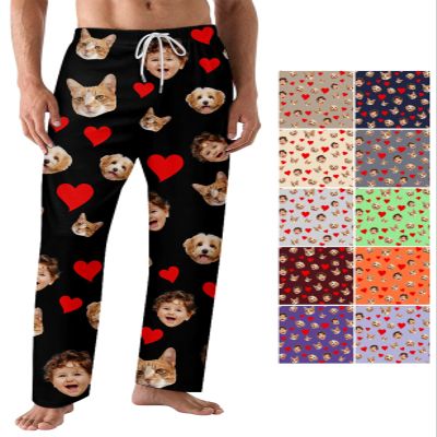 Custom Pajama Pants for lovers Men Women Personalized Pajamas with Photo Dog Cat Face Valentine's Day Gifts Customized pajama pants funny face matching pants for couples pj 7