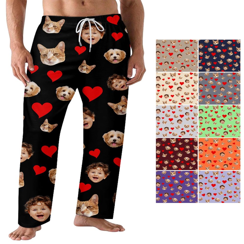 Custom Pajama Pants for lovers Men Women Personalized Pajamas with Photo Dog Cat Face Valentine's Day Gifts Customized pajama pants funny face matching pants for couples pj 7