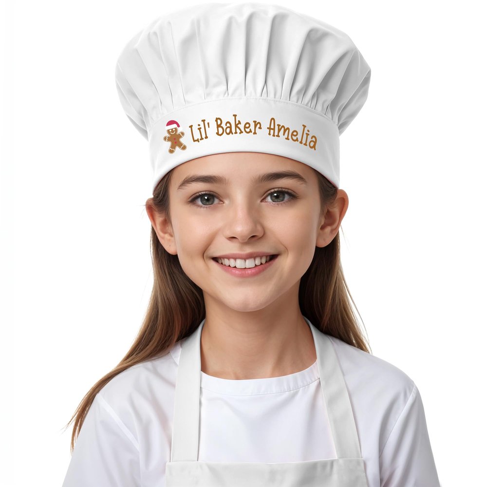 Personalized Lil' Baker Kids Chef Hat & Apron - Customized Toddler Chef Hat, Elastic Band - Kids Kitchen Gear in White, Black, Red, Purple, Pink