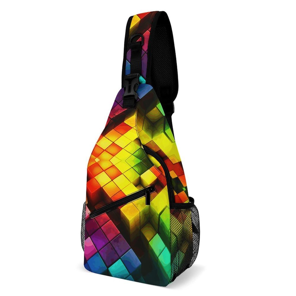 DWVTMNS Chest Bag Bold Color Blocks Printed Front Chest Pack Crossbody Pack for Hikingcycling Shopping Mountain Climbing