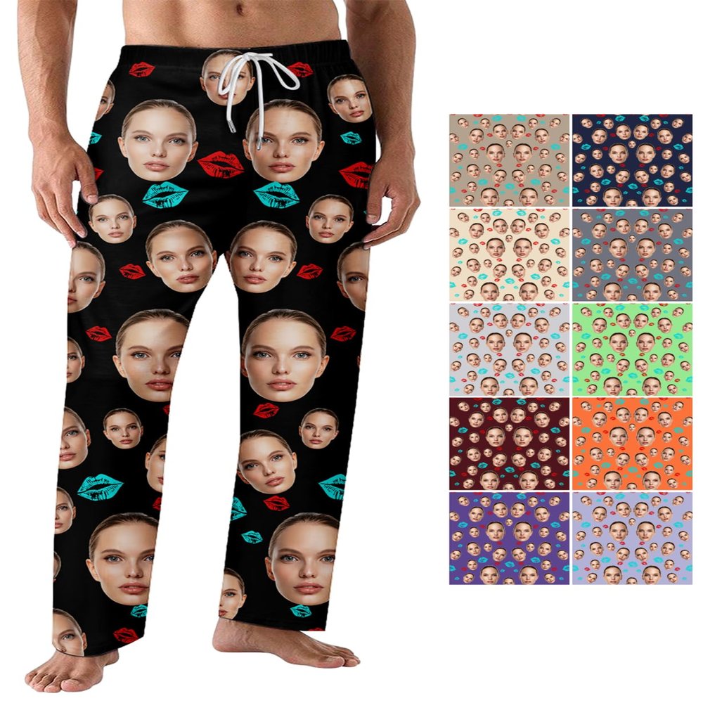 Custom Pajama Pants for lovers Men Women Personalized Pajamas with Photo Dog Cat Face Valentine's Day Gifts Customized pajama pants funny face matching pants for couples pj 46