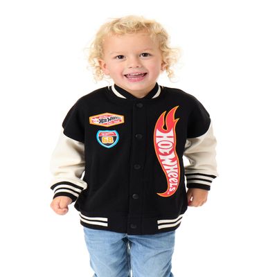 Hot Wheels Boys Bomber Jacket | Kids Flame Logo Graphic Print Varsity Jacket in Black | Childrens Baseball Jacket