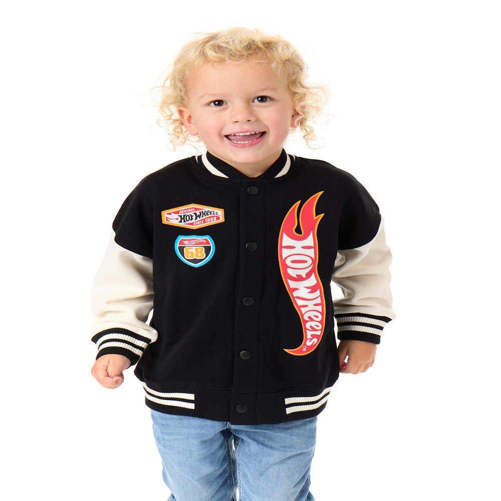 Hot Wheels Boys Bomber Jacket | Kids Flame Logo Graphic Print Varsity Jacket in Black | Childrens Baseball Jacket