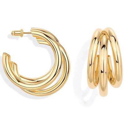 18K Gold Plated Triple Hoop Earrings | Chunky Multi Tube Gold Hoops for Women | Hypoallergenic Trendy Triple Split Loop Huggie Earrings