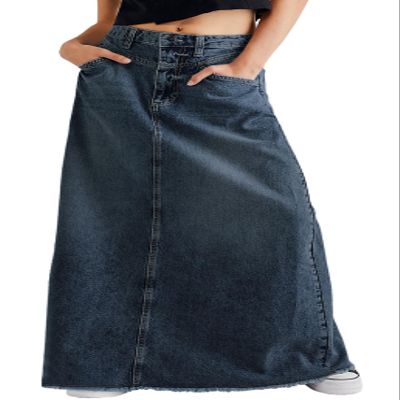 chouyatou Women's Vintage A-Line Frayed Maxi Denim Skirt Distressed High Waist Long Jean Skirt (Large, Dark Blue)