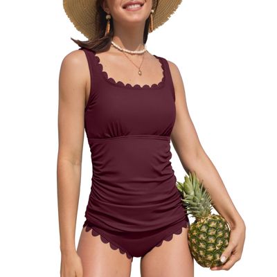 ANFILIA Tankini Tops for Women Tummy Control Swimwear Top High Waisted Ribbed Bathing Suits Tankinis Wine Red