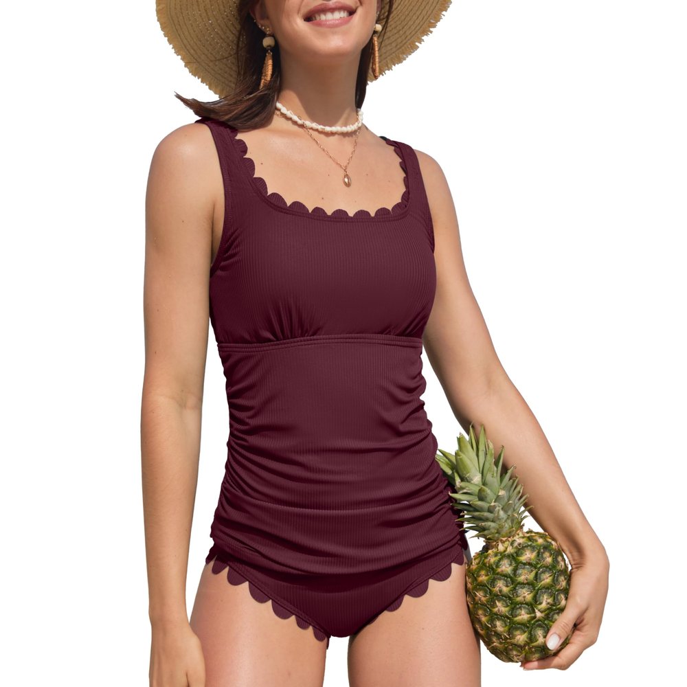 ANFILIA Tankini Tops for Women Tummy Control Swimwear Top High Waisted Ribbed Bathing Suits Tankinis Wine Red