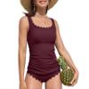 ANFILIA Tankini Tops for Women Tummy Control Swimwear Top High Waisted Ribbed Bathing Suits Tankinis Wine Red view 1
