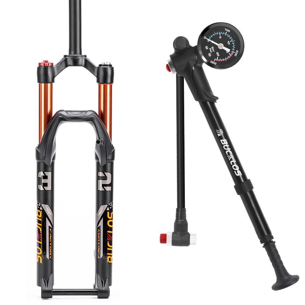 BUCKLOS 27.5 inch MTB Fork 120 mm Travel, Straight Rebound Adjust, 15mm100mm Axle Bike Fork & Bike Shock Pump for Front Air Suspension Fork Rear Shocks Bicycle Tire Pump