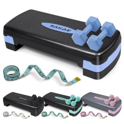 Aerobic Stepper Set with Dumbbells & Measuring Tape, Adjustable Height 2 Level Risers Workout Exercise Step Platform, Blue Black, the Ultimate Gift for a Joyful Holiday and Merry Christmas
