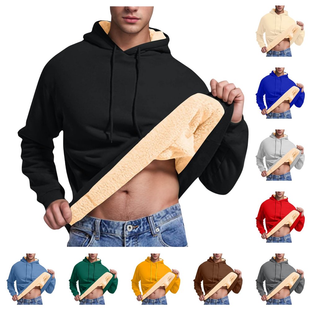 XUNRYAN Hoodies for Men Heavyweight Fleece Sweatshirt Thick Pullover Warm Hooded Sherpa Jackets Long Sleeve Shirts Outerwear