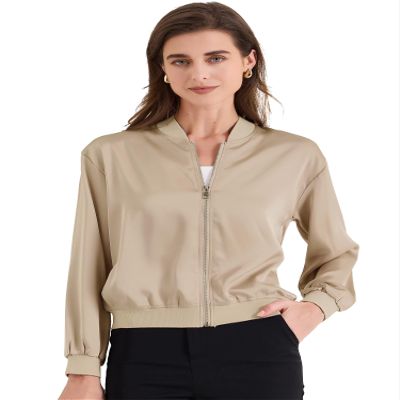 Allegra K Women's Jacket Zip Up Coat Long Sleeve Outerwear Casual Lightweight Top X-Small Champagne