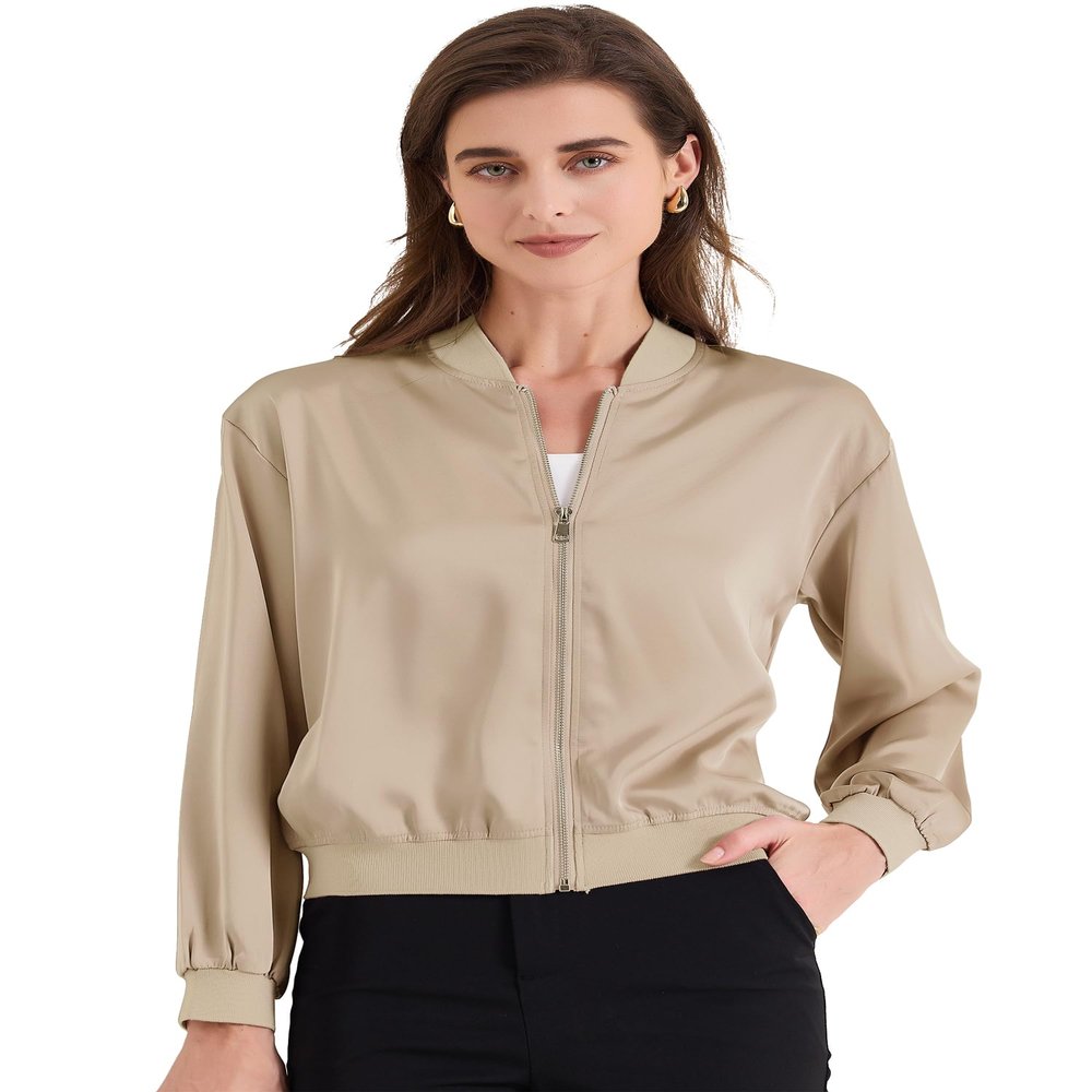 Allegra K Women's Jacket Zip Up Coat Long Sleeve Outerwear Casual Lightweight Top X-Small Champagne