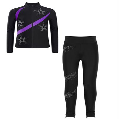 Jowowha Kids Girls Ice Figure Skating Training Suit Rhinestone Long Sleeve Jacket Coat with Leggings Set Purple 6 Years