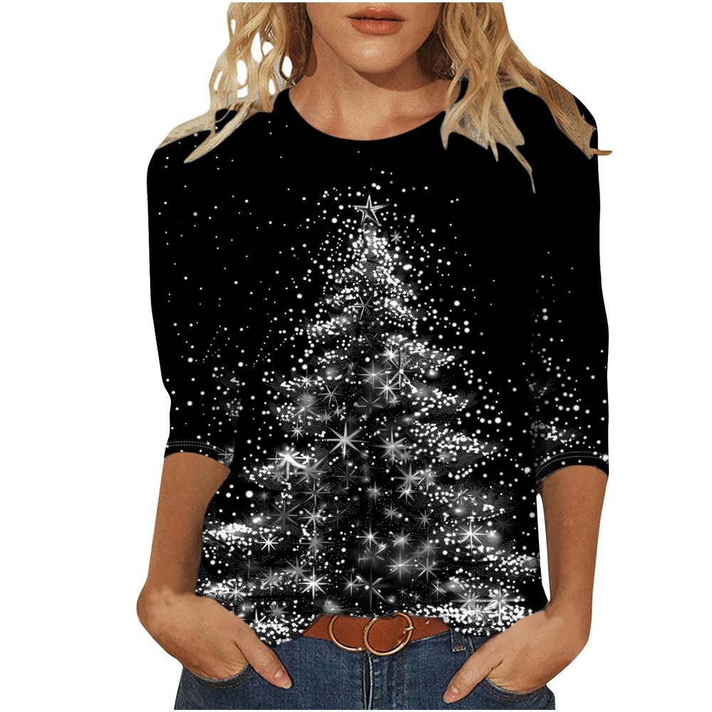2024 Christmas Shirts for Women Christmas Tree T-Shirts Xmas Gifts 3/4 Length Sleeve Tops Graphic Tees Tunic Pullover