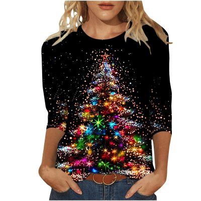 2024 Christmas Tree Shirts for Women Plus Size T-Shirts Xmas Gifts 3/4 Length Sleeve Tops Graphic Tees Tunic Pullover Holiday Outfit