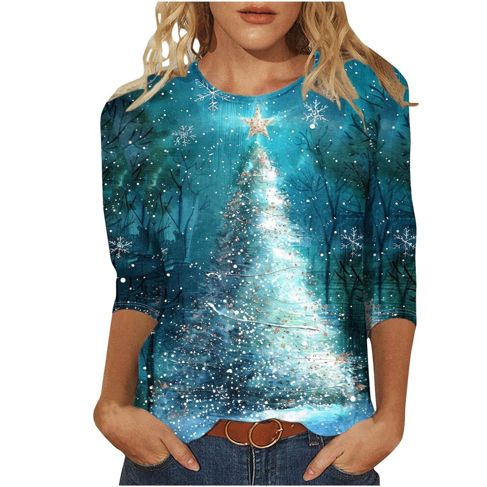 2024 Christmas Shirts for Women Christmas Tree T-Shirts Xmas Gifts 3/4 Length Sleeve Tops Graphic Tees Tunic Pullover