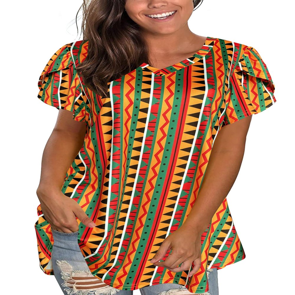 Afibi Womens Print Shirt African Dashiki Short Sleeve V Neck Loose Tunic Tops (XXX-Large, Green)