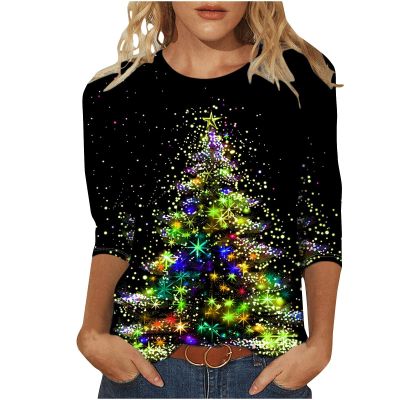 2024 Christmas Shirts for Women Christmas Tree T-Shirts Xmas Gifts 3/4 Length Sleeve Tops Graphic Tees Tunic Pullover