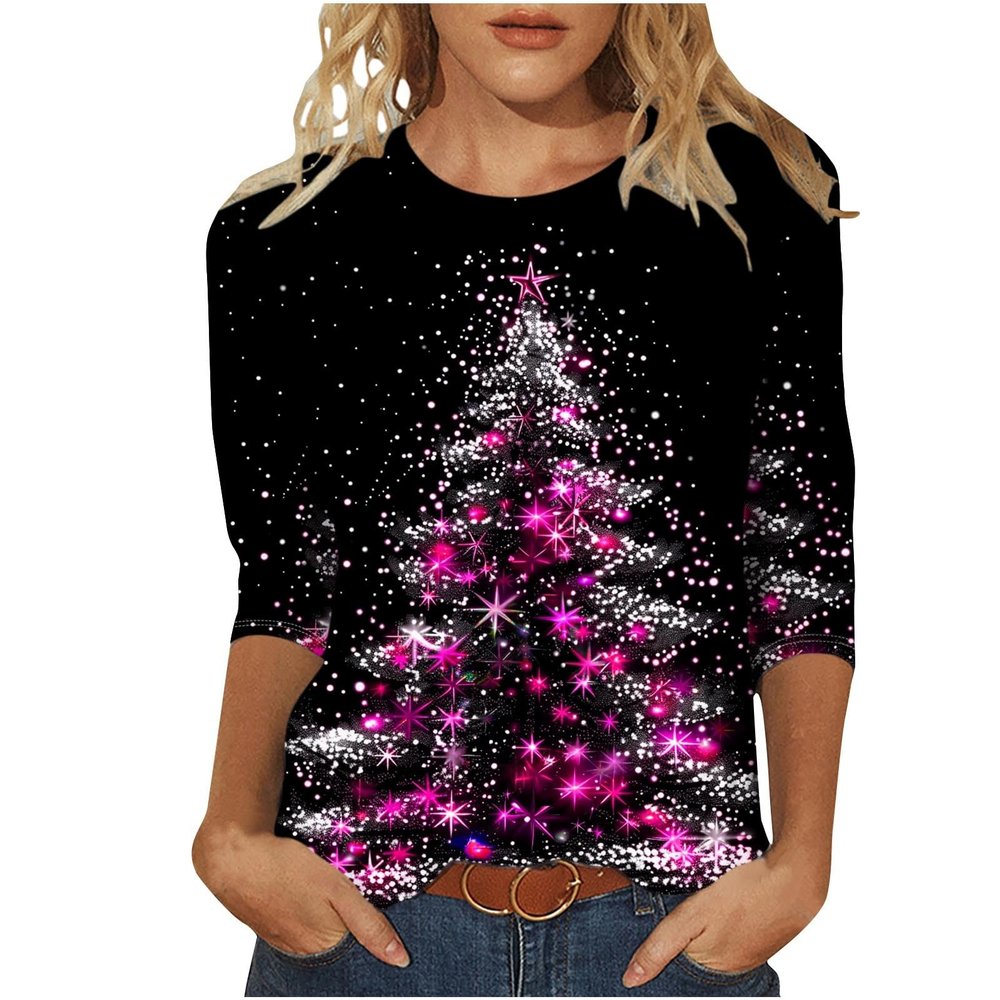 2024 Christmas Shirts for Women Christmas Tree T-Shirts Xmas Gifts 3/4 Length Sleeve Tops Graphic Tees Tunic Pullover