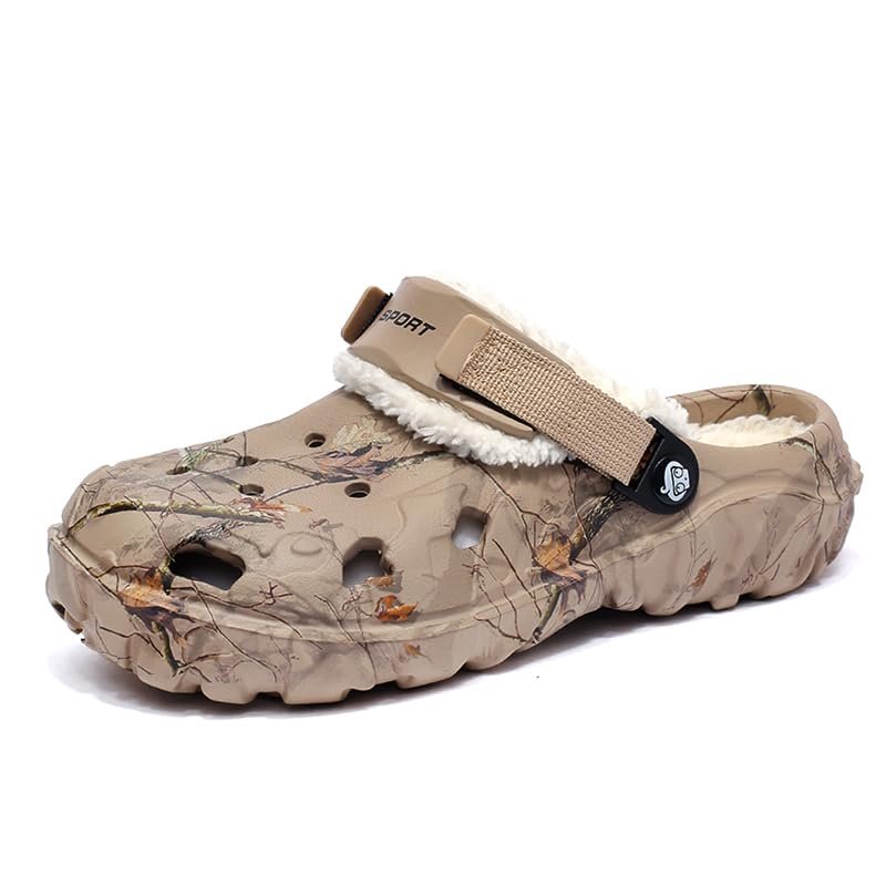 SECHRITE Men's Fur Lined Clogs Winter Fuzzy Slippers Wide Width Slip on Mules Cushion Footbed Warm Home House Sandals with Adjustable Back Strap Outdoor Rubber Mules Removable Fleece Lining Khaki 44