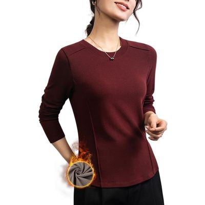 Freaswind Dralon Solid Crewneck Tops for Women Autumn Winter Thermal Underwear Warm Long-Sleeved Shirt Red