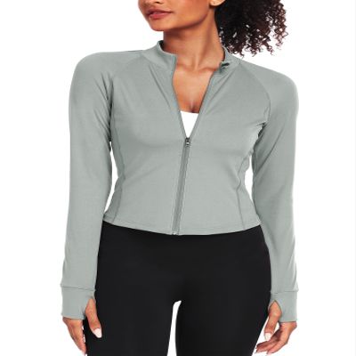 CADMUS Butterluxe Women's Workout Jackets Long Sleeve Full Zip Sportswear Crop Tops with Thumb Holes for Running, Yoga, Athletic, 42, Grey,Medium