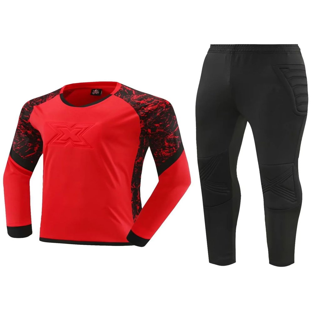 dPois Kids Boys Soccer Goalie Shirt Padded Goalkeeper Jersey Tops with Sweatpants Youth Long Sleeve Sportwear Red 9-10 Years