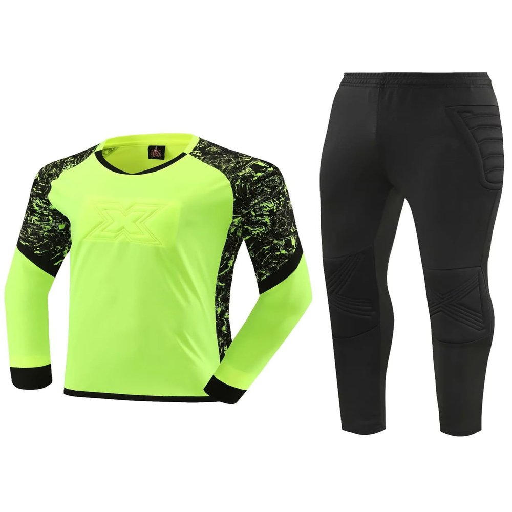 dPois Kids Boys Soccer Goalie Shirt Padded Goalkeeper Jersey Tops with Sweatpants Youth Long Sleeve Sportwear Fluorescent Green 7-8 Years