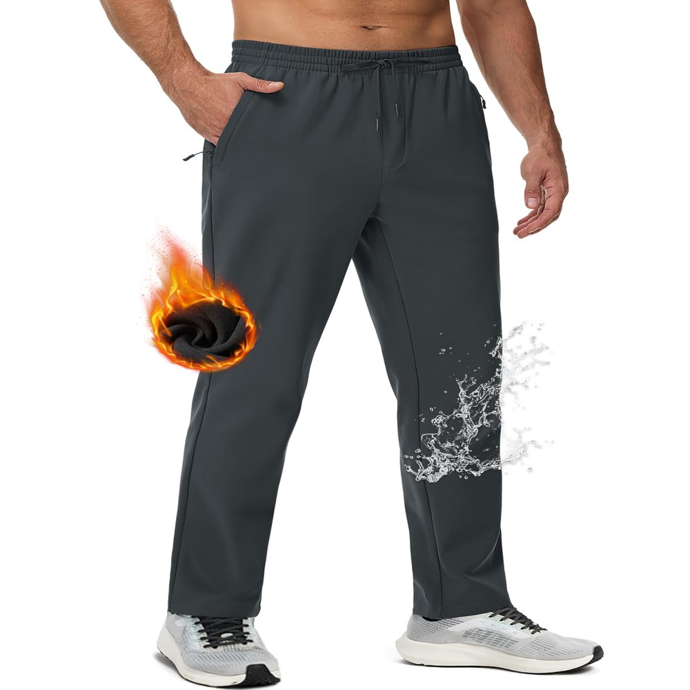 MAGCOMSEN Men's Fleece Lined Sweatpants Open Bottom Athletic Pants Warm Waterproof Pants with Zipper Pockets Dark Grey 40