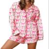 Adoeren Women Christmas Santa Pajama Shorts Set Colorful Christmas Pink Santa Bow Pjs Long Sleeve Shirt Shorts 2Piece Holiday Loungewear(Cute Santa Bow Pink,L) view 1