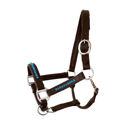 Fancy Stitched Padded Cushioned Leather Horse Halter - Brass Buckles Adjustable Chin Throat Snap Halter Replaceable Crownpeice Quick Release Black Full with Hardware Full Size M25