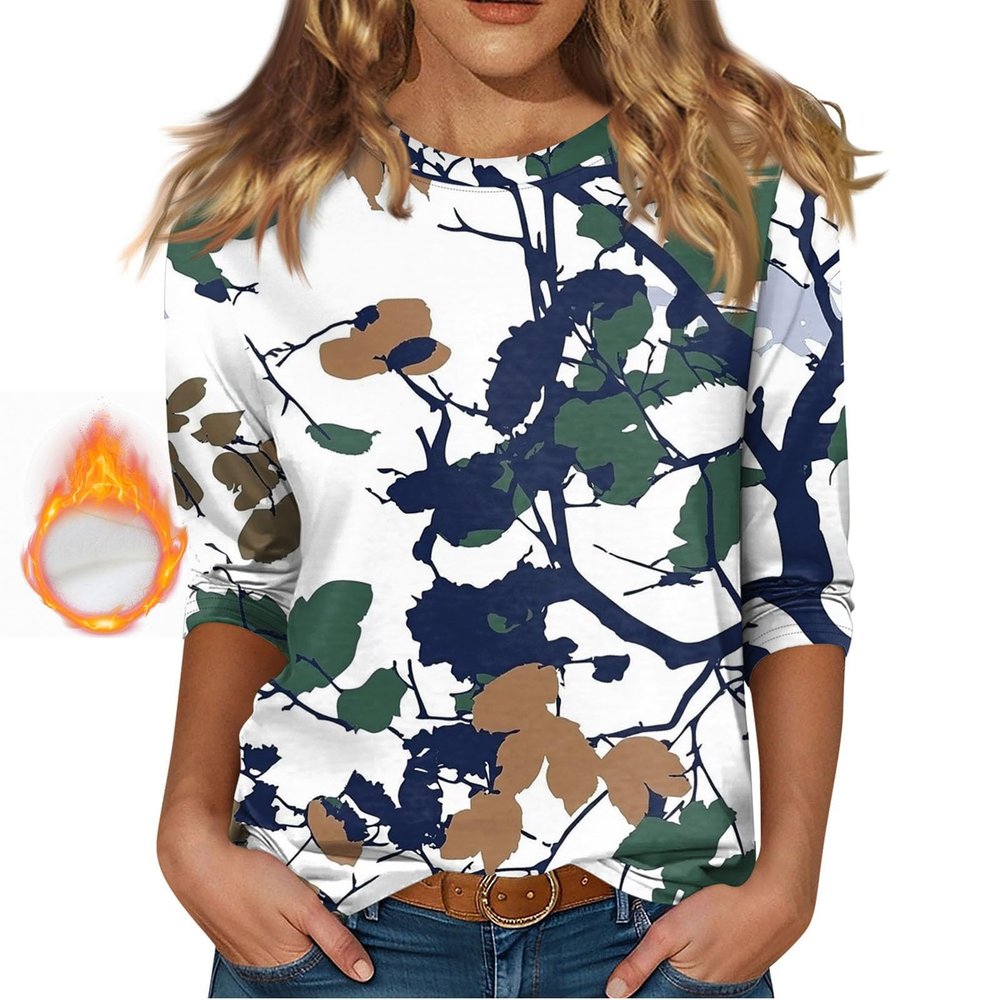 3/4 Sleeve Tops for Women Camo Thermal Casual Winter Shirts Dressy Fleece Linen Layering Crew Neck Sweatshirt Loose Fit Three Quarter Blouses Soft Cotton Trendy Sweaters Outfits 2025, White, 3XL