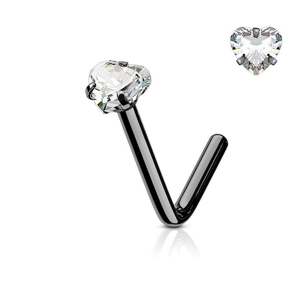 316L Surgical Steel 18G Black Nose Rings 2.5mm Heart CZ L Shaped Nose Studs for Women 6mm 1/4 Inch L-Shape Nostrial Piercing Jewerly Stainless Steel Nose Ring
