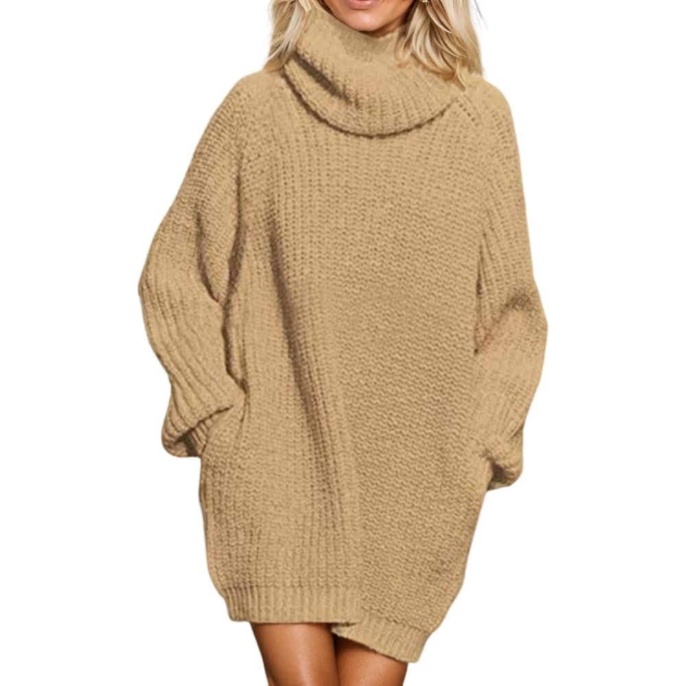 Akivide Women's Loose Turtle Neck Long Sweaters with 2 Pockets Casual Stretchy Solid Color Oversized Knit Sweater Fall Winter